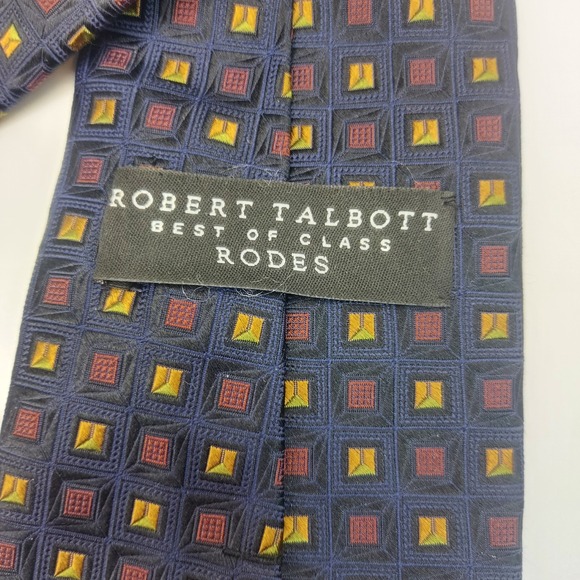 Robert Talbott Best of Class Men's Silk Necktie Navy Gold Square Pattern - Picture 3 of 5